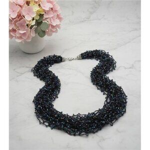 Blue Iridescent Crystal Beaded Crochet Necklace 21 Strand Statement 31 In